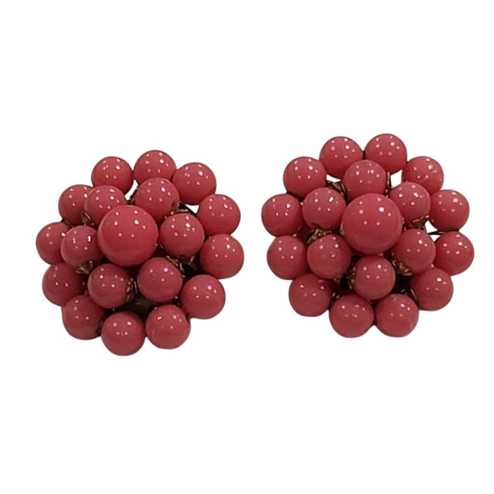 Vintage‎ Dark Pink Beaded Cluster Clip-on Earrings Beads Domed Costume Jewelry
